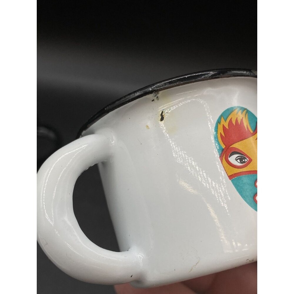 Enamelware Espresso 2 Coffee Cup SRAM Malinalco White Black Lucha Libre - Picture 5 of 8